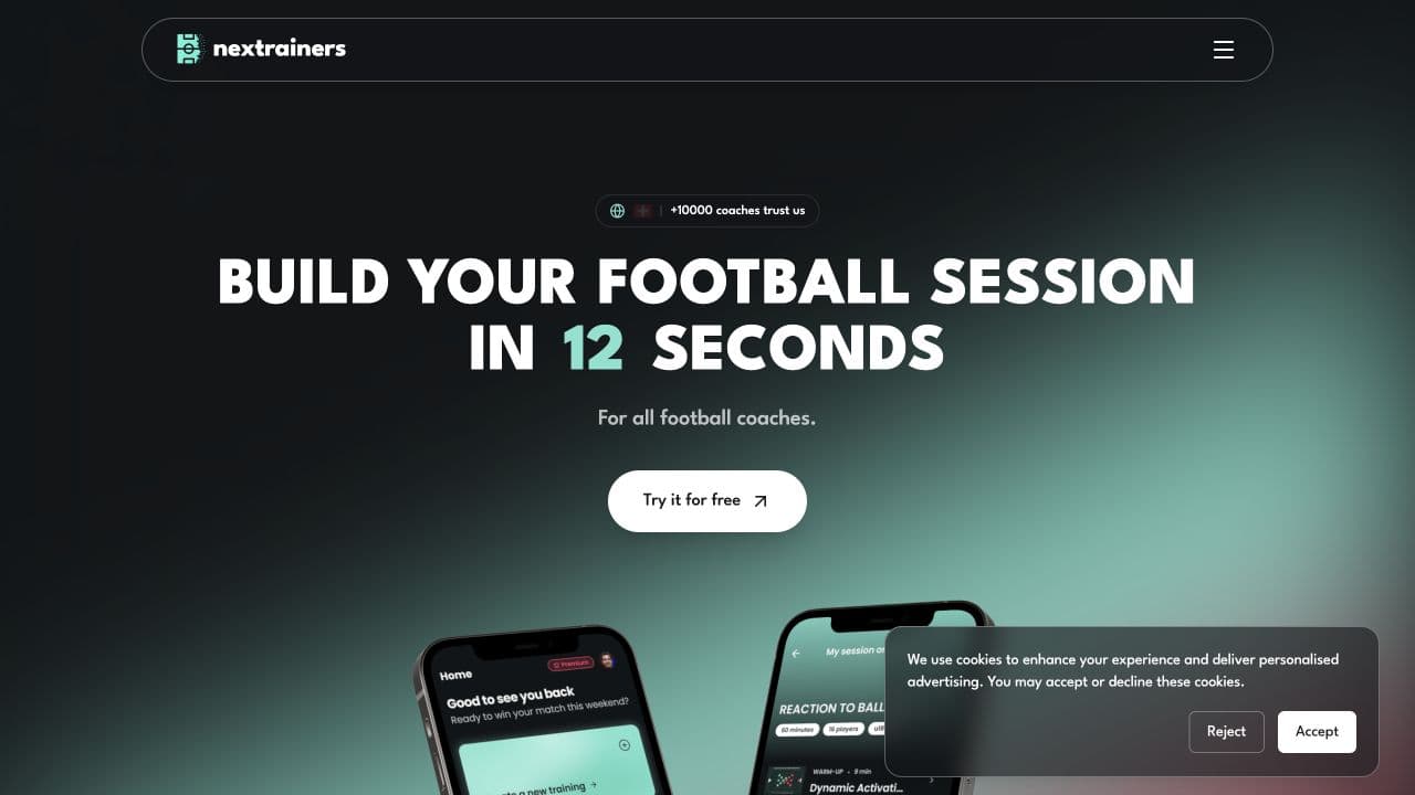 Page d’accueil de l’application Nextrainers